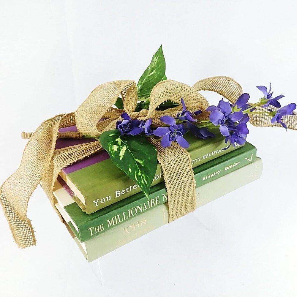 Decorative Tied Book Stack Farm House Decor Hard Cover Burlap Ribbon Set of 3